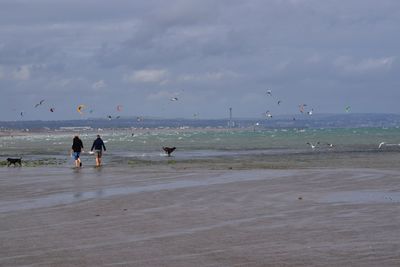 People enjoying at beach against sky