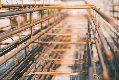 Close-up of rebar structure on construction site