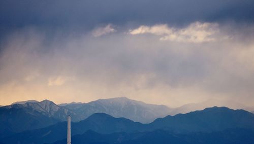 Scenic view of mountains against cloudy sky