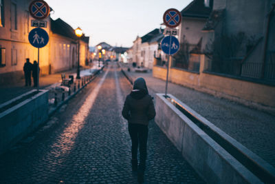 Rear view of people walking on street