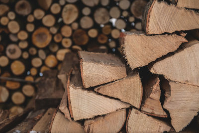 Close-up of stack of logs