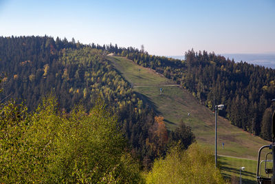 High angle view of trees on field against sky