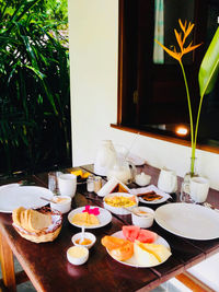 High angle view of breakfast on table