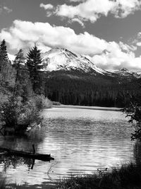 Scenic view of lake by trees against sky