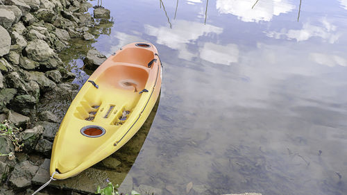 High angle view of nautical vessel moored on lake