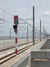 Information sign on railroad tracks against sky