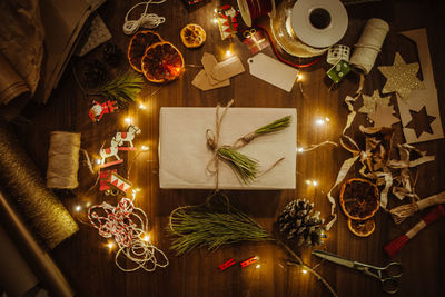 Directly above shot of christmas decoration on table