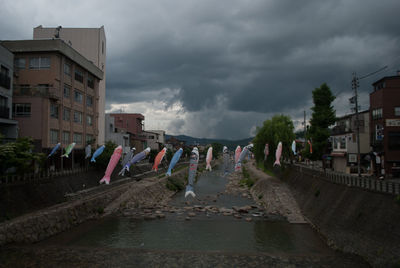 Built structures against cloudy sky