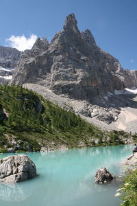 Scenic view of lake and mountains against sky