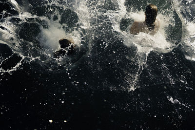 High angle view of woman jumping in sea