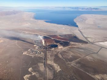 High angle view of land against sky