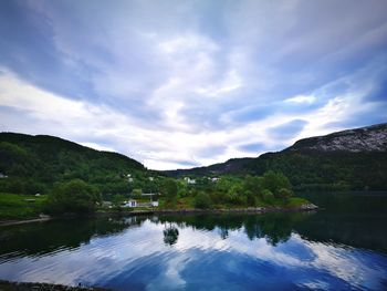 Scenic view of lake and mountains against sky