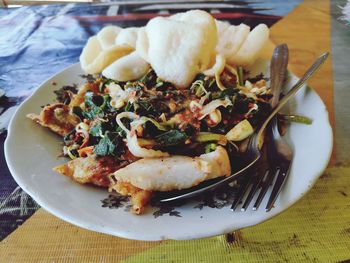 High angle view of food in plate