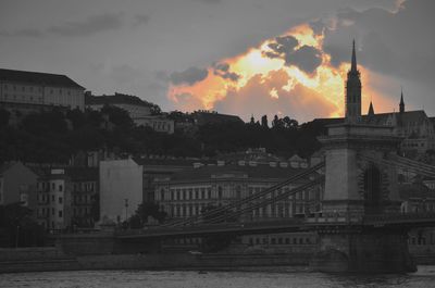 Buildings in city at sunset