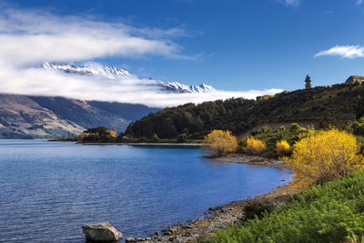 Scenic view of lake and mountains against sky