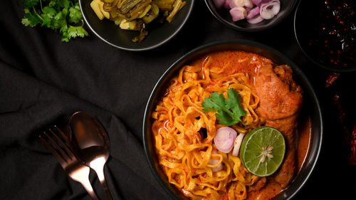 High angle view of food in plate on table