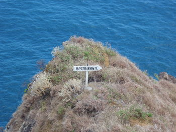 High angle view of text on beach