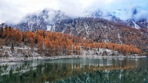 Scenic view of lake by snowcapped mountains during winter