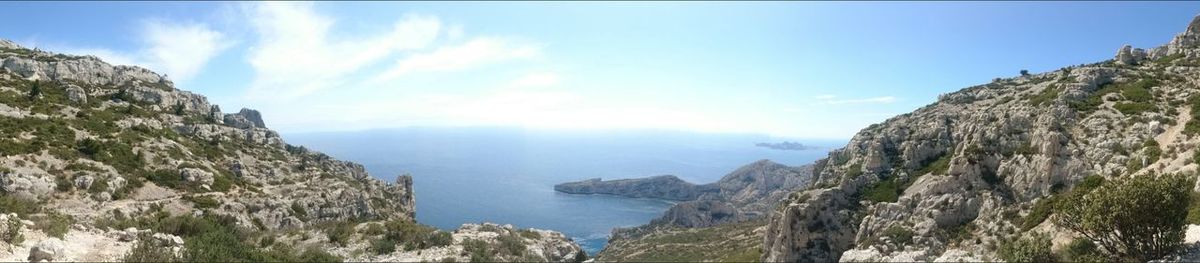 Scenic view of mountains against cloudy sky