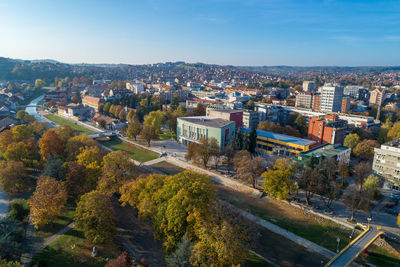 Valjevo - panorama of city in serbia. aerial drone view of river kolubara