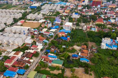 High angle view of buildings in city