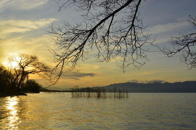 Scenic view of lake against sky during sunset