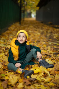 Portrait of a fashionable child boy autumn sitting on a trail in orange leaves in the afternoon