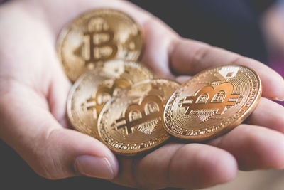 Cropped hand of person holding bitcoins