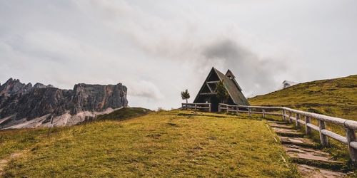 Old mountain chapel in the dolomites, giau pass.