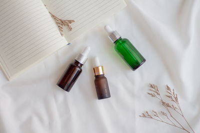 High angle view of bottles on table