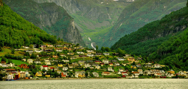 Scenic view of buildings and mountains