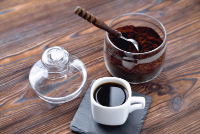 High angle view of coffee cup on table