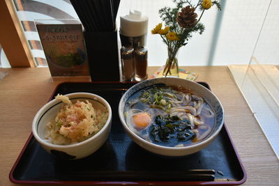 High angle view of meal served on table