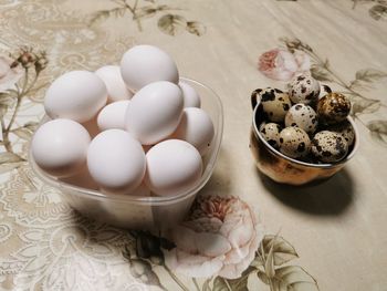 High angle view of eggs in container on table