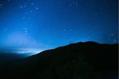 Scenic view of silhouette mountain against sky at night