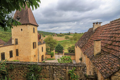 View of old buildings against cloudy sky