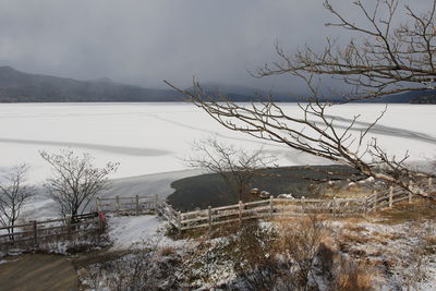 Scenic view of lake against sky during winter