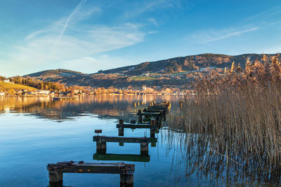 Scenic view of lake against blue sky