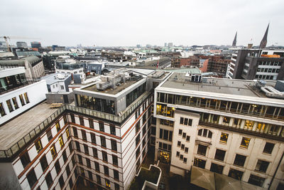 High angle view of buildings against sky