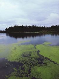 Scenic view of lake against cloudy sky