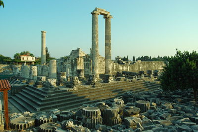 Panoramic view of old buildings against clear sky