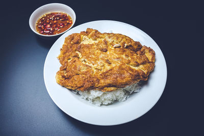 High angle view of breakfast served in plate