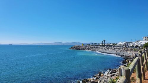 Scenic view of sea against clear blue sky