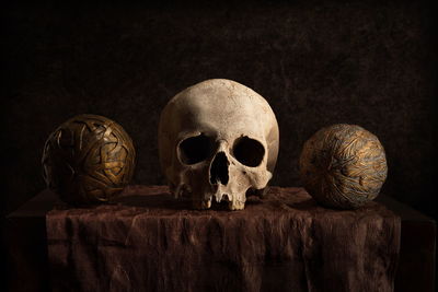 Close-up of human skull against black background