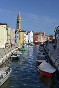 Boats moored in city