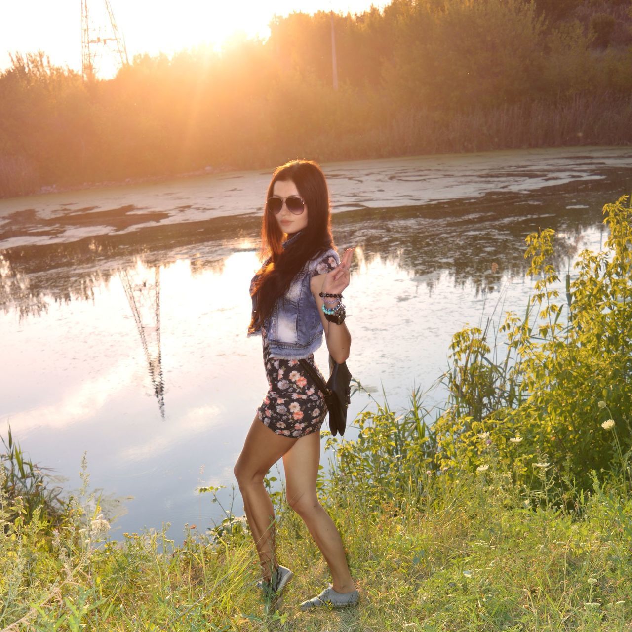 lifestyles, young adult, person, leisure activity, full length, casual clothing, young women, standing, portrait, looking at camera, front view, sunlight, tree, water, sun, tranquility, nature, three quarter length