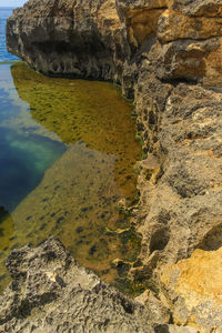 High angle view of rock formations in water