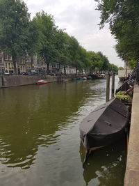 Boat moored in river against sky