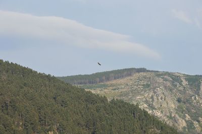 Scenic view of land and mountains against sky