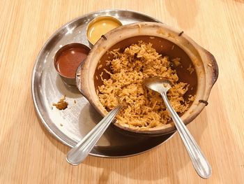 High angle view of breakfast served on table